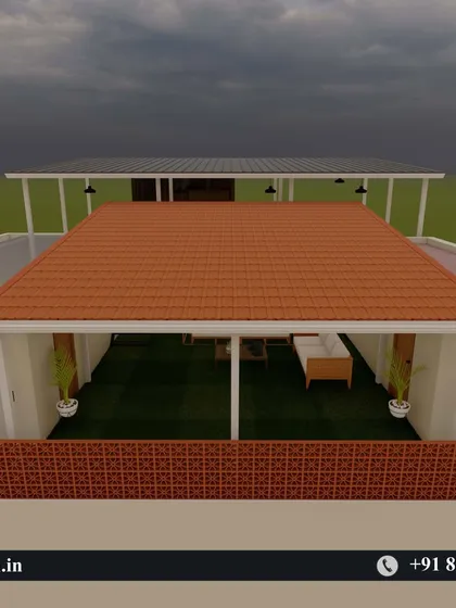 A 3D render showing an overhead view of the proposed rooftop design, with a tiled roof section and an open lounge area.