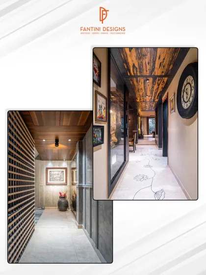 A collage showing our attention to detail in transitional spaces, with custom wall treatments, floor inlays, and unique ceiling designs in our corridors.