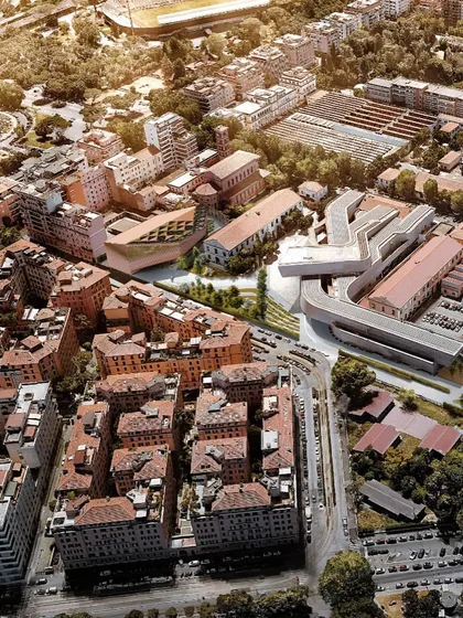 An aerial view of the MAXXI proposal, highlighting the rooftop terrace and the building's relationship to the surrounding neighborhood.