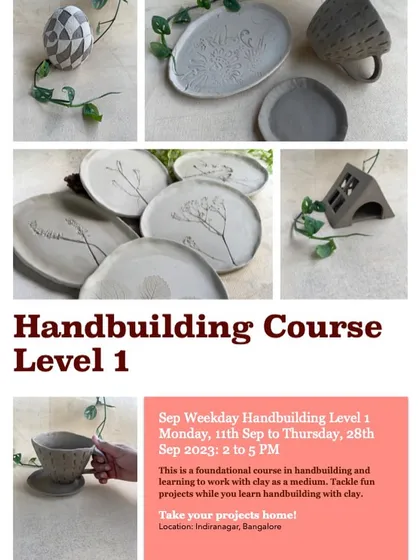Our weekday hand-building course is a foundational class where you learn to work with clay through fun projects. The poster shows a variety of student work, including plates, cups, and a house.