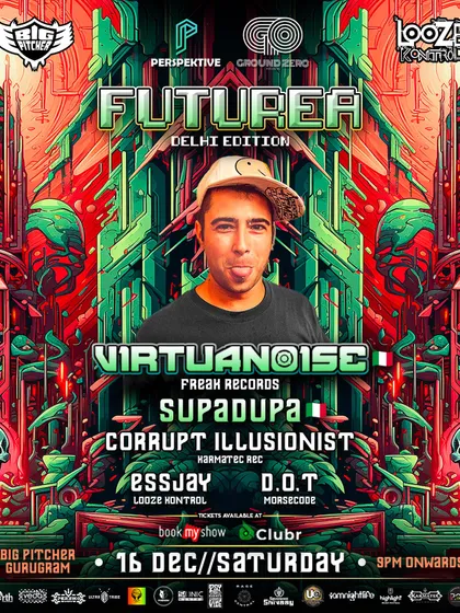 The flyer for 'Futurea' Delhi Edition, featuring Italian hitech maestro Virtuanoise. I specialize in bringing quality underground music to the city.