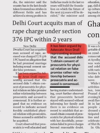 Another victory against injustice. This newspaper clipping details the acquittal of my client who was falsely implicated under section 376 IPC. We successfully argued that the relationship was consensual, exposing the misuse of the law.