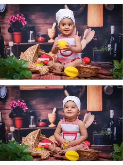 Two sweet portraits of the baby chef holding a toy lemon. The setup includes a basket of produce and a background of kitchen utensils, creating a complete and charming scene.