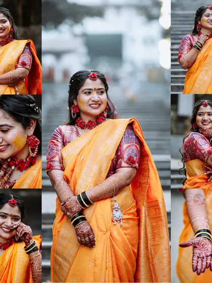 A collage of the bride's Haldi ceremony, featuring various happy and playful portraits.