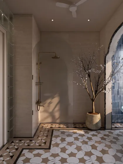 This angle shows the spacious walk-in shower area, seamlessly integrated next to the statement bathtub nook.