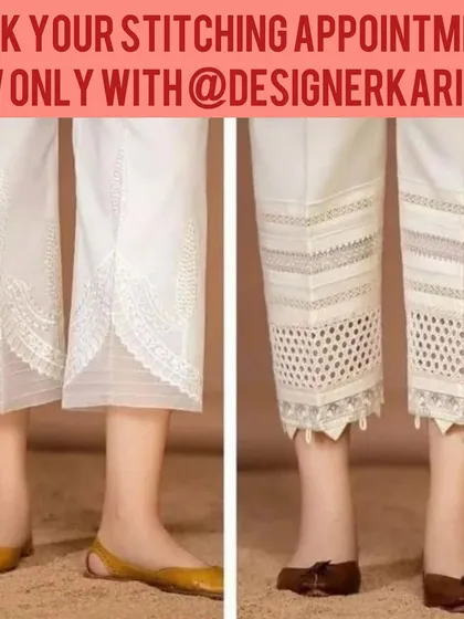 A close-up of beautifully designed trouser pants with intricate lacework and cutwork. We can create these custom bottoms to pair with your kurtas.