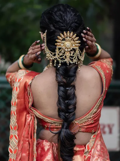 Another look at the gorgeous traditional hair accessory that completes the Maharashtrian bridal look.