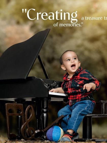 Creating a treasure trove of memories. A boy in a plaid shirt has a moment of pure, loud joy at his mini piano outdoors.