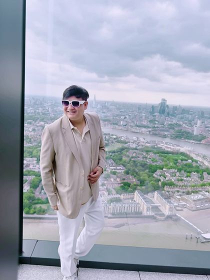 A standing shot from the 75th floor in London, overlooking the city. The neutral tones of my outfit complement the cloudy sky.