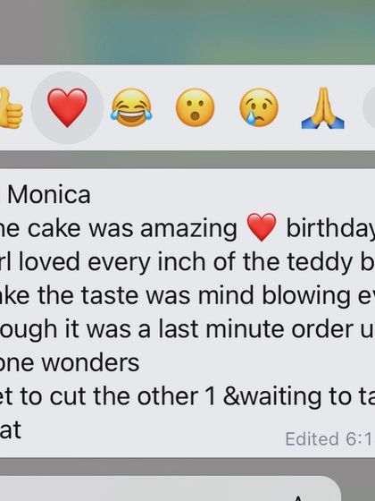 A glowing review for our teddy bear cake. Last-minute orders and happy clients are what we live for.