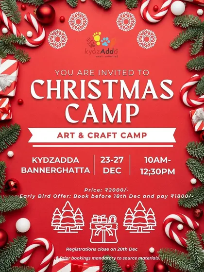 Our official poster for the Christmas Art & Craft Camp at our Bannerghatta location, inviting kids to get into the holiday spirit with themed creative projects.