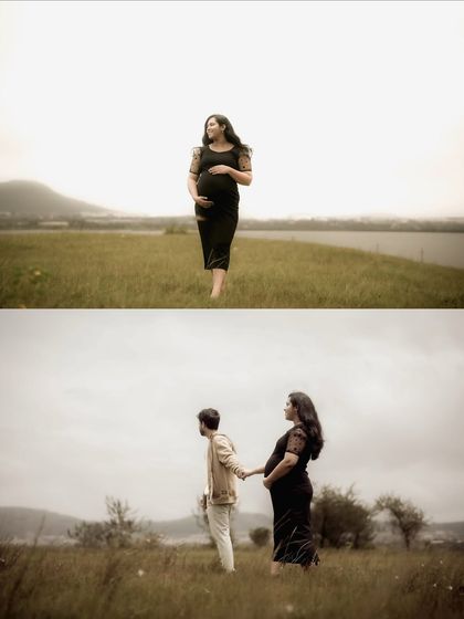 This collage shows the mom-to-be in two beautiful poses: one walking towards the camera and another with her partner, capturing both her individual strength and their shared journey.