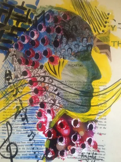 A mixed-media piece exploring the theme of music and thought. A silhouette is filled with collaged faces and text, with musical notes flowing out, representing a mind full of melodies and people.