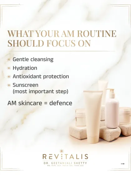 What Your AM Routine Should Focus On. A checklist for your morning routine: gentle cleansing, hydration, antioxidant protection, and the most important step, sunscreen.