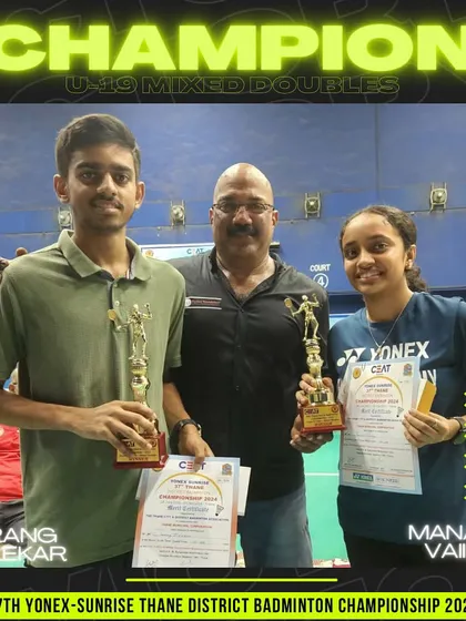 Sarang Hirlekar and Manasvi Vaidya, champions in the U-19 Mixed Doubles category at the district tournament.