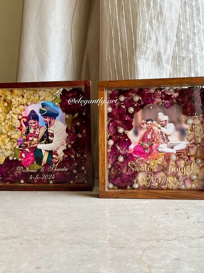 These matching 8-inch teakwood frames were created for two couples, preserving their unique wedding varmalas. I can customize the size and even incorporate wedding ornaments and cards to make your keepsake truly yours.