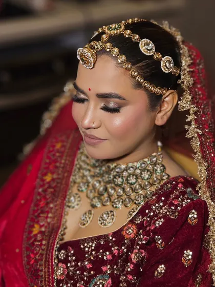 A side profile showcasing the sleek bridal bun and the detailed eye makeup. This is a perfect example of a clean, royal bridal look.