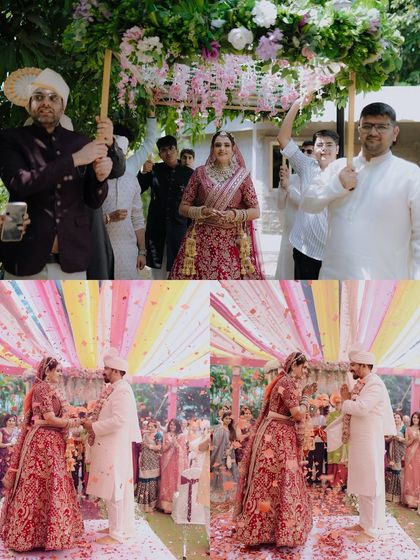 A collage showing the bride's grand entry under a 'phoolon ki chadar' and the 'varmala' ceremony. We capture the energy and tradition of the wedding procession.