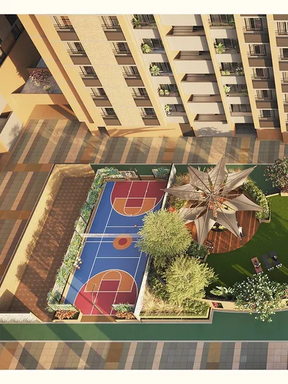 This aerial render illustrates our expertise in spatial planning, seamlessly integrating a multi-sport court and shaded seating areas into the residential layout.