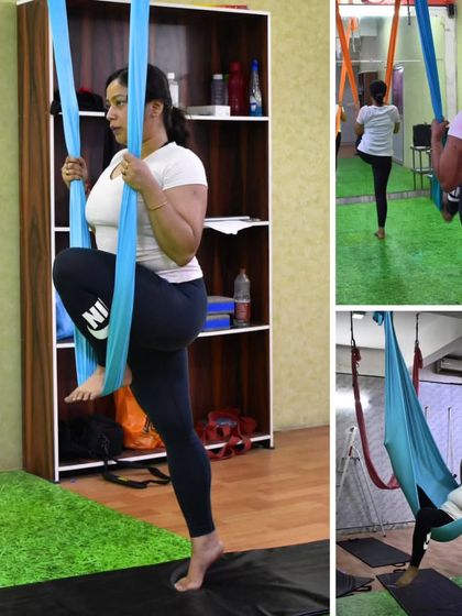 We are not just stretching, we're pushing our minds to the limit. This collage shows a student progressing through several stages of learning a pose, highlighting the journey of practice.