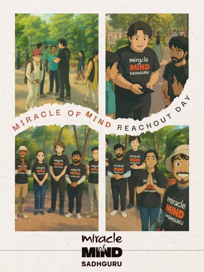 As volunteers, we organized "Reachout Days" in local parks and public spaces. This anime-style artwork depicts our teams connecting with people and inviting them to experience the 7-minute meditation on the Miracle of Mind app.
