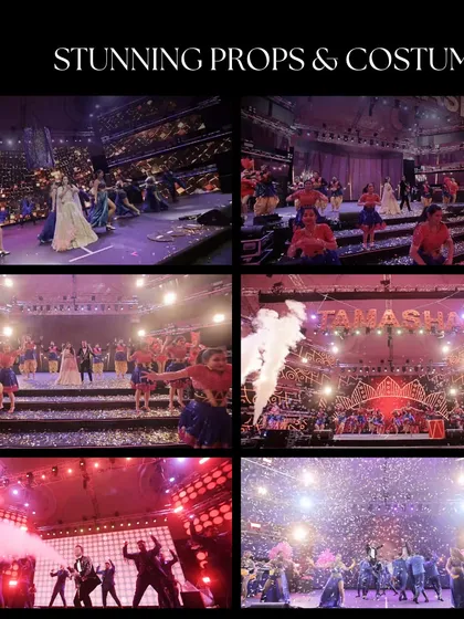 A collage showcasing the stunning props and costumes from a larger-than-life Sangeet, including everything from confetti blasts to smoke effects.