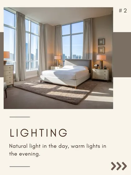 Lighting can make or break a bedroom. I prioritize maximizing natural light during the day and using warm, layered artificial lighting in the evening to create a cozy and intimate mood.