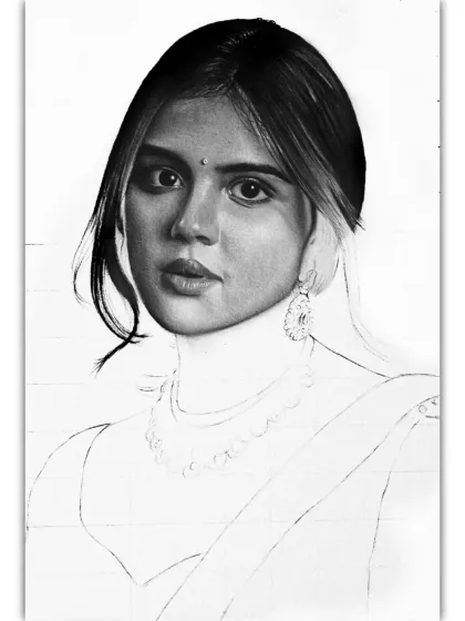 The face and hair are complete in this work-in-progress shot of the Kalyani Priyadarshan drawing.