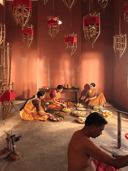 The entire family participates in the pre-wedding rituals. The styling for all characters was done using traditional textiles to create a cohesive and authentic visual narrative.