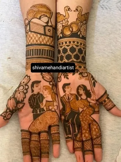 A contemporary design showing portraits of the couple in modern attire, sharing intimate moments, complemented by swan and honeycomb patterns.