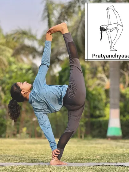 The Pratyanchyasana, or Archer's Pose, is a powerful standing balance. Here a student practices it during our outdoor class.