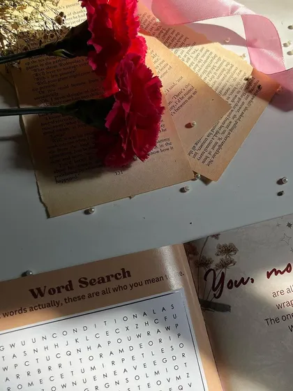 A close-up of the word search puzzle inside the Mother's Day mini journal.