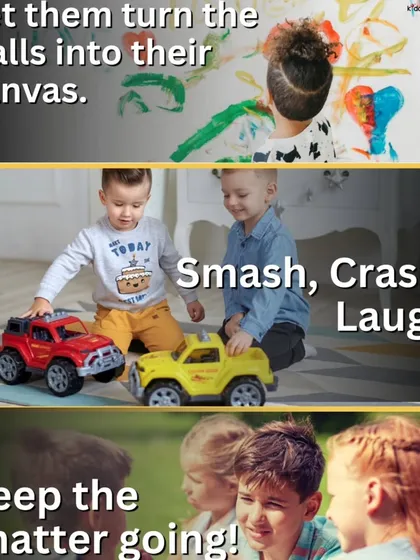 Let them turn walls into their canvas, smash cars, and keep the chatter going! This image collage celebrates the joyful chaos of childhood that we encourage.