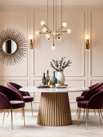 A sophisticated dining room where deep purple chairs provide a rich contrast to the soft, neutral walls and modern brass lighting.