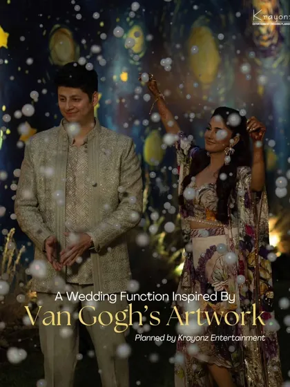 A magical shot of the couple at their Van Gogh-themed wedding function, with an overlay that mimics the famous "Starry Night" painting.