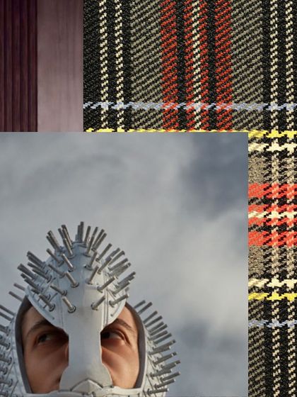 From an editorial for HUF Magazine, this image showcases an edgy, futuristic concept. The styling combines a spiked headpiece with a plaid background, creating a clash of textures and themes.
