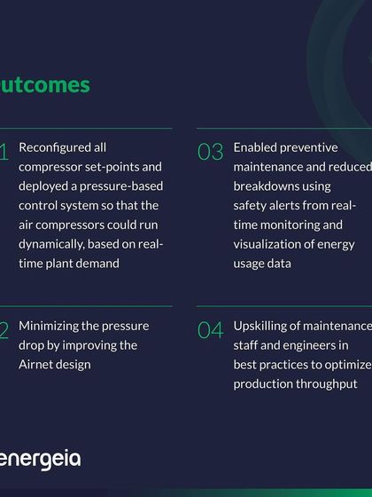 The outcomes of our intervention were comprehensive. We reconfigured compressor set points for dynamic, demand based operation, improved the Airnet design to minimize pressure drops, and upskilled the client's maintenance staff in best practices for energy efficiency.