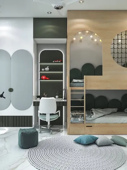 A jungle-themed kid's room concept with a custom bunk bed that includes a built-in play nook. The room also features a study desk, a telescope for stargazing, and whimsical wallpaper.