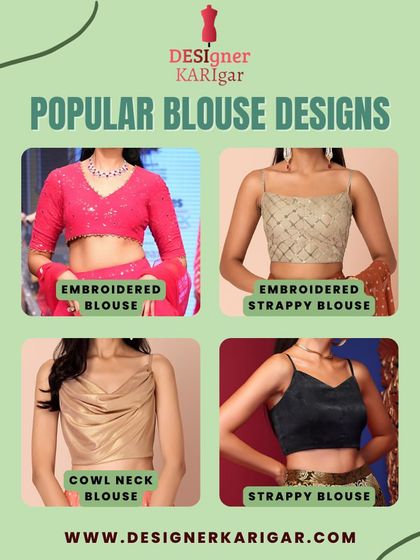 More blouse design inspiration, featuring an embroidered blouse, an embroidered strappy blouse, a cowl neck blouse, and a simple strappy blouse.