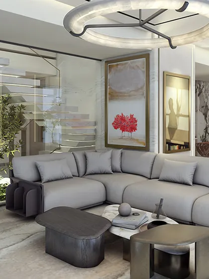 In this Indiabulls Sky Forest residence, the living room is designed with the vertical lifestyle in mind, prioritizing openness and light. Full-height windows and generous 3.6-meter ceilings create a sense of calm, while a neutral palette allows personal expression to take center stage.