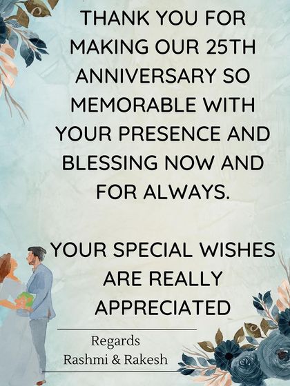 A personalized 'Thank You' card designed for the 25th anniversary hampers, expressing gratitude to the guests for their presence and blessings.