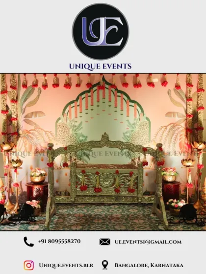 I specialize in creating authentic decor for traditional ceremonies. This Namakarana (naming ceremony) setup features an ornate wooden jhoola (cradle) set against a custom backdrop with banana leaf motifs and marigold flower hangings.