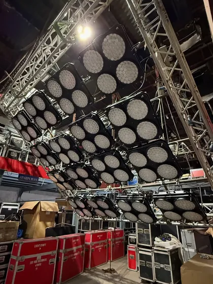A low-angle shot of the 16-unit MegaBrute rig, showcasing the sheer density of LED sources.