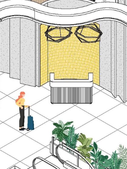A detailed axonometric drawing of the reception area for the 080 Lounge. We enjoy adding details like people and plants to our models to bring the space to life and better visualize the final environment.