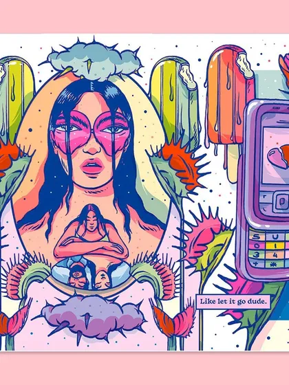 This illustration from the zine deals with the more cynical and toxic side of nostalgia. The imagery of venus flytraps, melting popsicles, and a broken heart on a phone screen captures the feeling of being trapped by past relationships.