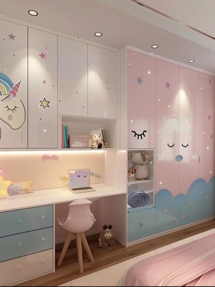 This unicorn-themed room features a clever wardrobe design with integrated open shelving and drawers. The study desk is perfectly sized for a child, with a matching pink stool.