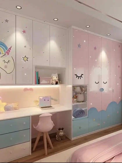 This unicorn-themed room features a clever wardrobe design with integrated open shelving and drawers. The study desk is perfectly sized for a child, with a matching pink stool.