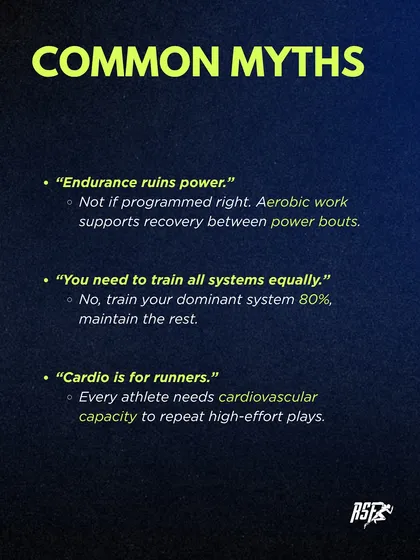 I debunk common myths about energy systems. For example, endurance work doesn't ruin power if programmed correctly; it actually supports recovery between power bouts.