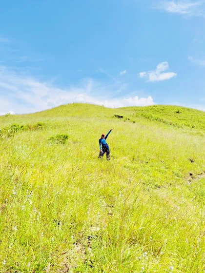 A trekker pointing towards the sky in a vast green meadow.