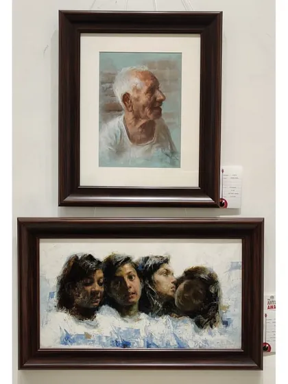 Receiving The Art Society of India's award for Best Entry at Jehangir Art Gallery. My two awarded paintings, "Self Conversation" and "Grandfather," are shown here.